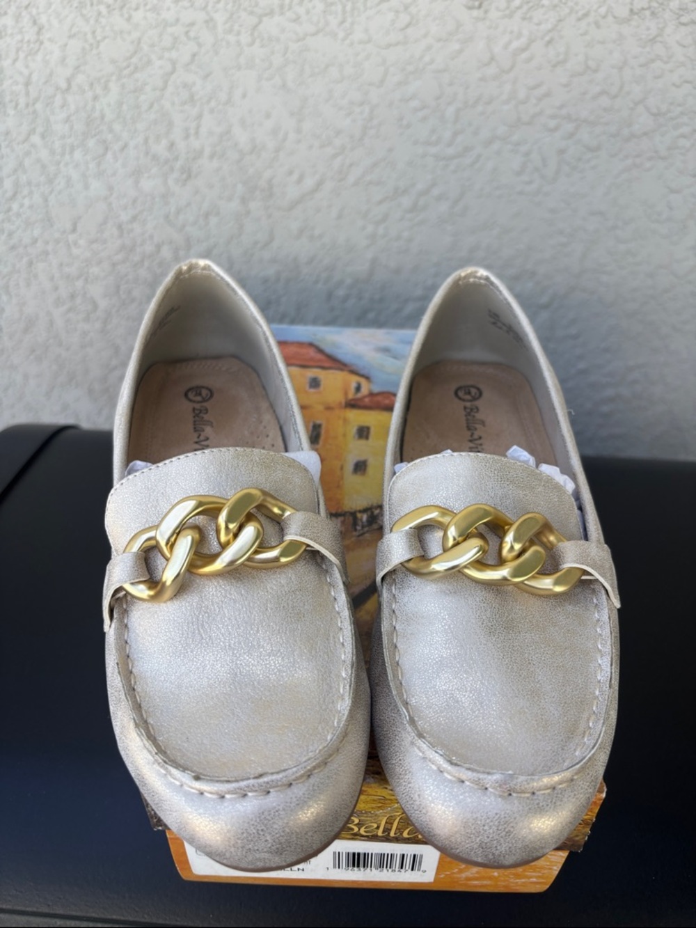 Bella Vita Metallic Champagne Loafers with Gold Chain